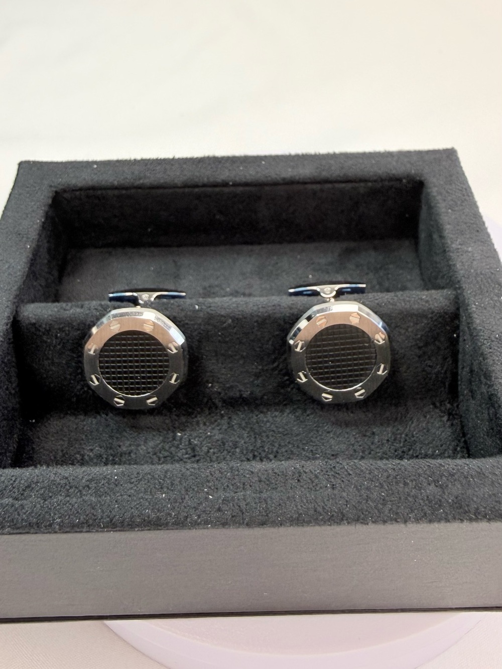 Audemars Piguet Black and Silver Round Grid Cufflinks